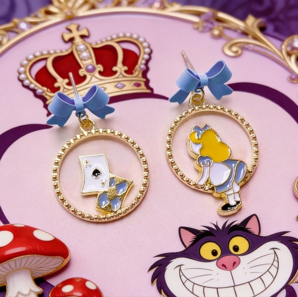 Alice in Wonderland Drop Earrings Whimsical Blue Bow Dangles - Picture 2 of 8